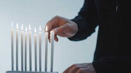 Close-up of man lighting ninth candle in menorah for hanukkah celebration