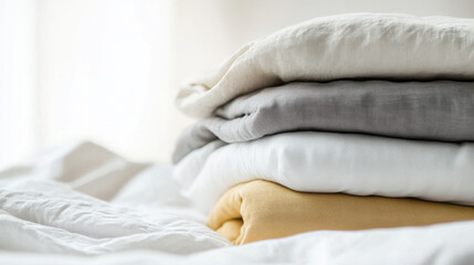 Neatly folded bed linen stack in minimalist home decor setting