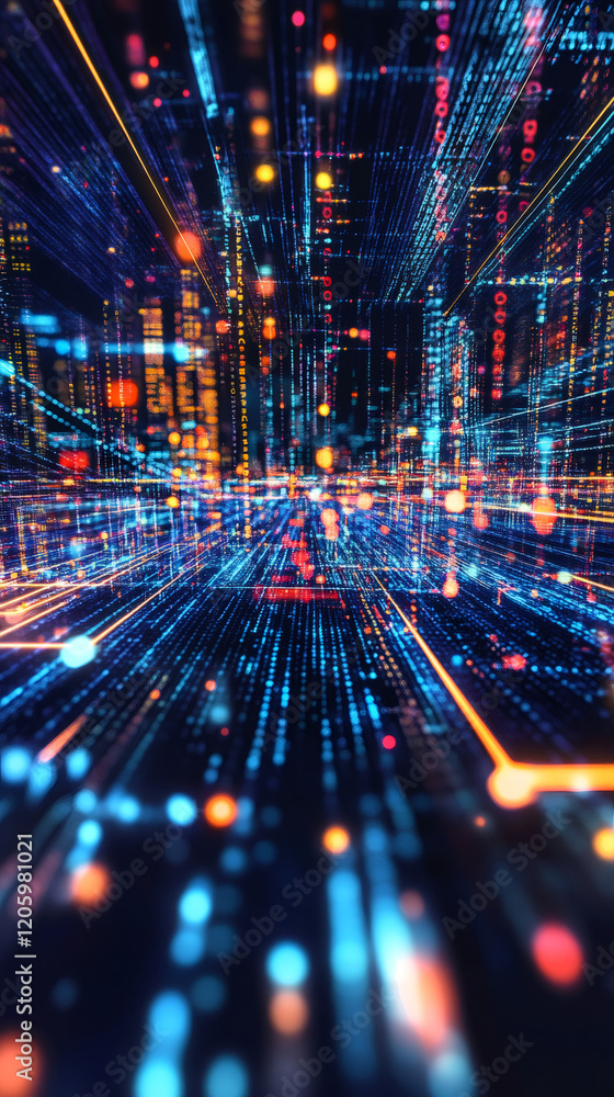 Poster binary code creating a digital data stream flowing through futuristic cyberspace network, informatio