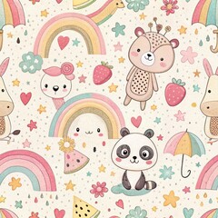 Adorable Cartoon Animals Rainbows and Sweets Seamless Pattern for Kids