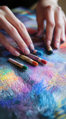 Obraz premium Creative process of drawing with pastel crayons on textured paper