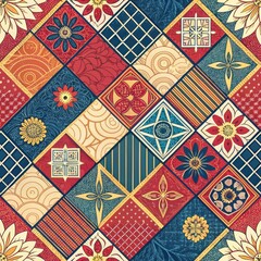 Vibrant Geometric Patchwork Textile Design with Floral and Ornamental Motifs Seamless Pattern