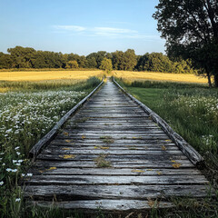 Obraz premium Wooden Bridge Through a Golden Field