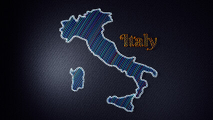 Intricate embroidered map of Italy. Colorful threads highlight the boundaries country and the word Italy on a fabric background.