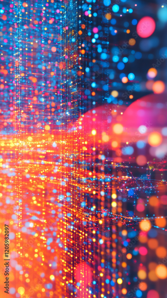 Poster vibrant blurred bokeh lights interconnecting, representing digital network and technological communi