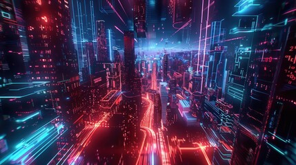 Obraz premium Cyberpunk Cityscape: Neon Lights and Digital Architecture