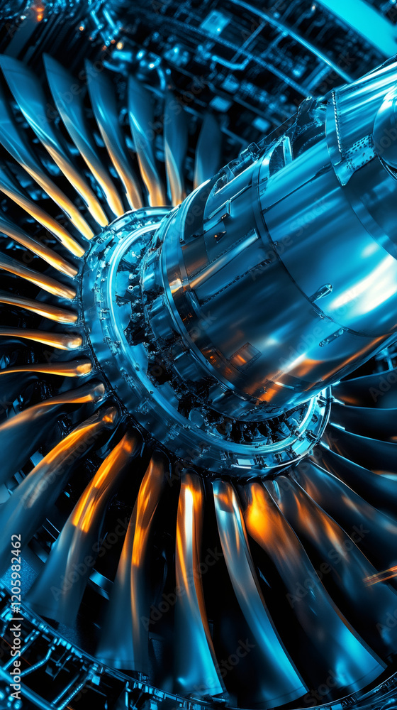 Aufkleber Turbofan engine interior glowing with soft light, revealing complex mechanical structure and precision engineering