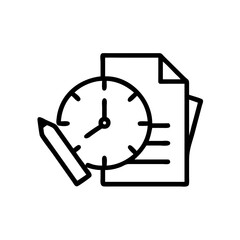 Clock icon with documents and pencil