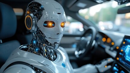 Fototapeta premium A futuristic robot seated in a car, interacting with the vehicle's control panel.