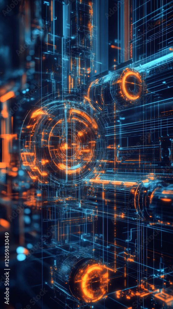 Poster Complex digital data circuit transforming data with glowing orange and blue light, futuristic technology concept