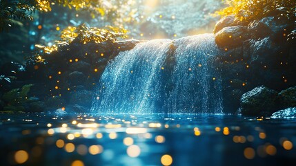 Jungle waterfall with fireflies at sunset; tranquil nature background