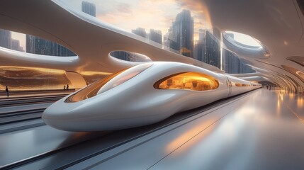Obraz premium A futuristic train at a sleek, modern station with a vibrant cityscape in the background.