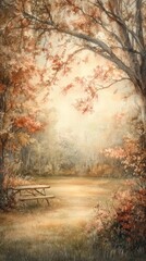 Fototapeta premium A serene autumn landscape featuring a picnic table surrounded by colorful foliage, illuminated by soft, diffused light.