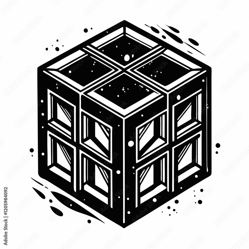 Poster monochrome geometric cube illustration with abstract patterns