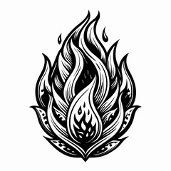 Ornate Black and White Fire Flame Illustration with Intricate Tribal Design