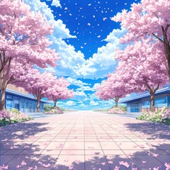 Pastel Anime School Background with Cherry Blossom Trees - High Quality and Detailed Cartoon Style Design