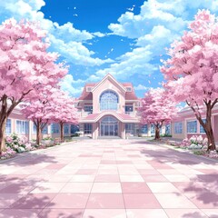 Pastel Anime School Background with Cherry Blossom Trees - High Quality and Detailed Cartoon Style Design