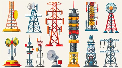 A collection of various communication and power transmission towers in a colorful, graphic style.