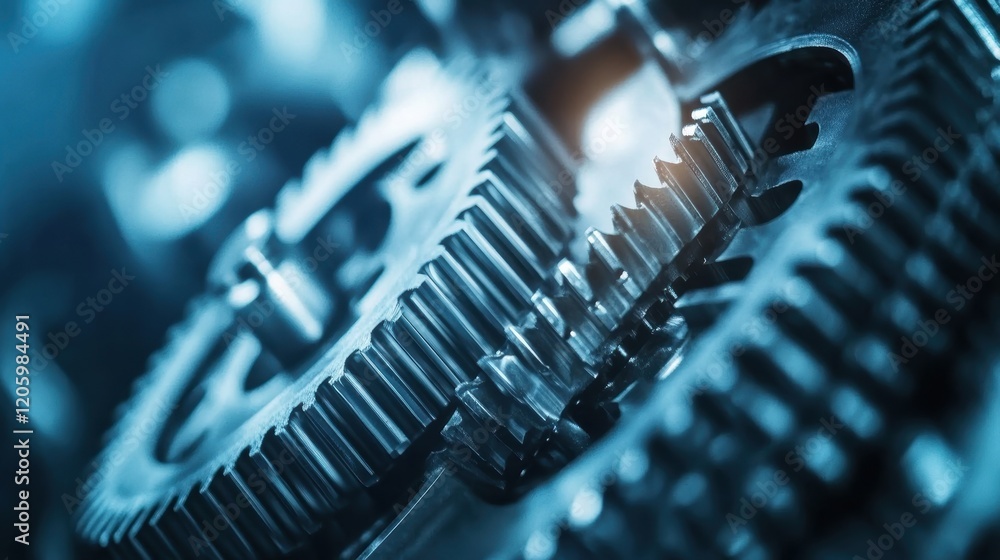 Poster interlocking gears rotating in cool industrial lighting highlight the precision and interconnectedne