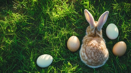 Top view from Easter eggs with Easter bunny, on fresh green meadow.