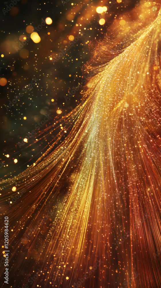 Poster luminous golden streams swirling across deep dark surface, generating elegant shimmer with dramatic 