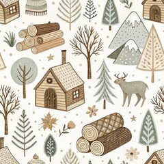 Charming Winter Wonderland Seamless Pattern Cozy Cabins Deer Trees Logs