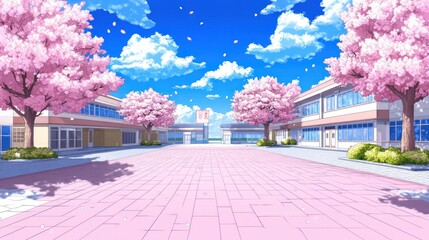 Pastel Anime School Background with Cherry Blossom Trees - High Quality and Detailed Cartoon Style Design