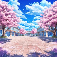 Pastel Anime School Background with Cherry Blossom Trees - High Quality and Detailed Cartoon Style Design