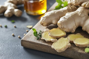 Fototapeta premium Fresh Ginger Root Slices on Wooden Cutting Board