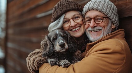 A happy elderly couple in winter attire embracing their dog.
