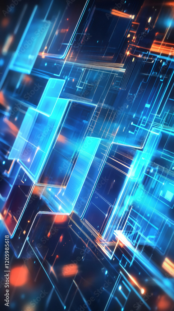 Poster complex cyberspace network with glowing blue and orange connections transmitting data in a futuristi
