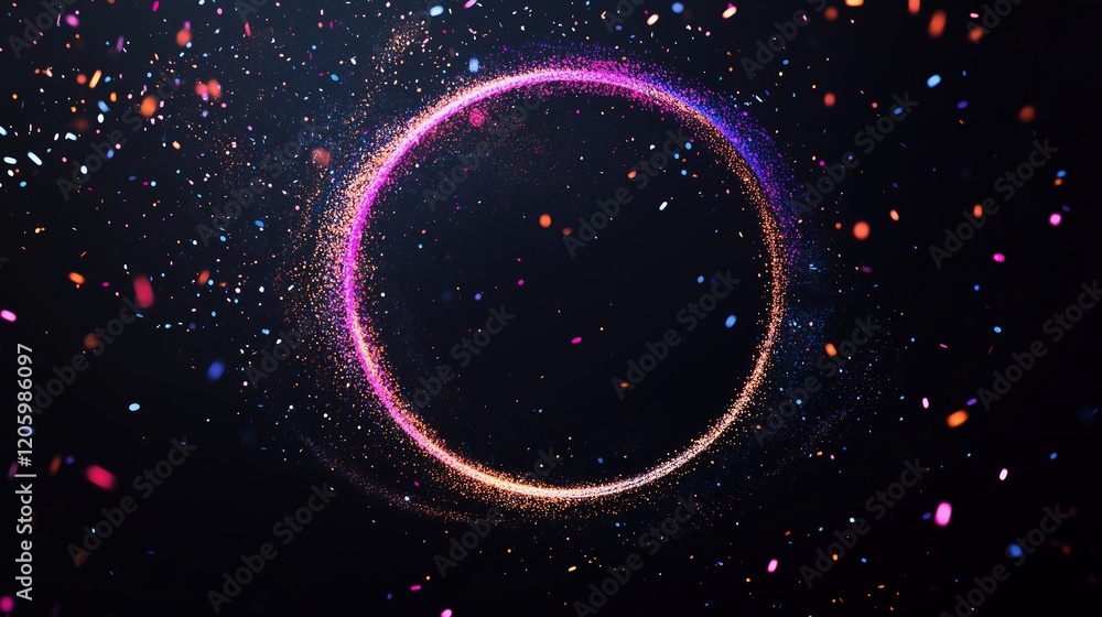 Aufkleber multicolored glitter circle of sparkling light particles in a circle frame on a black background.