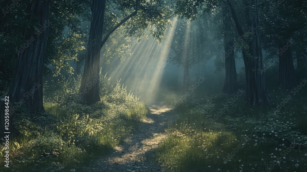 Poster path through a serene forest with sunlight rays, symbolizing tranquility and reflection
