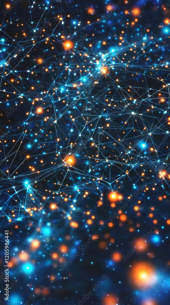 Poster glowing interconnected network nodes forming complex digital web, representing technological communi
