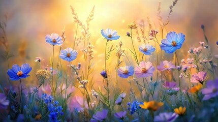 Peaceful soft focus of wildflowers glowing in golden sunset light, symbolizing spring and renewal