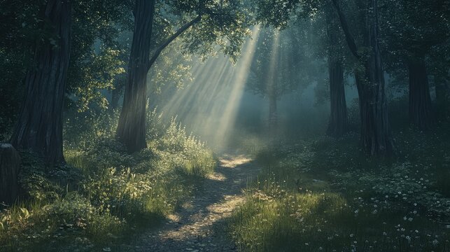 Path through a serene forest with sunlight rays, symbolizing tranquility and reflection