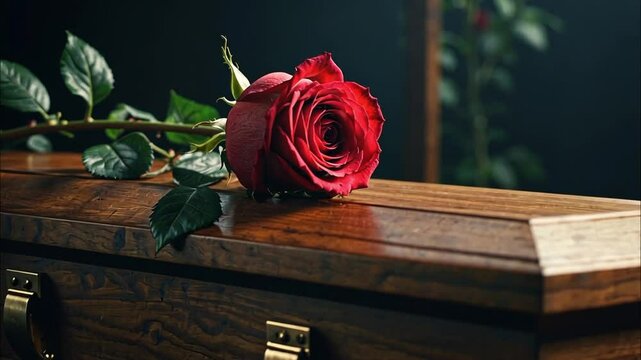 A single red rose on top of the coffin signifies farewell and condolences