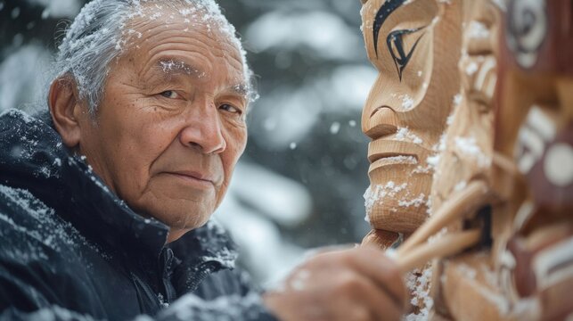 Elderly Native Alaskan carver outdoors.