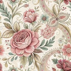 Elegant Floral Paisley Pattern Seamless Design Pink Roses Vintage Flowers and Ornate Background