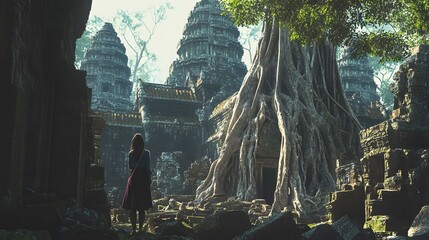 Fototapeta premium Woman Observing Ancient Temple Ruins Overgrown With Tree Roots