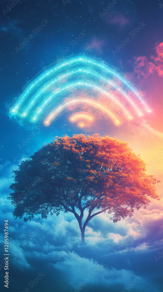 Poster wifi signal illuminating a lonely tree above the clouds at sunset, concept of global connection