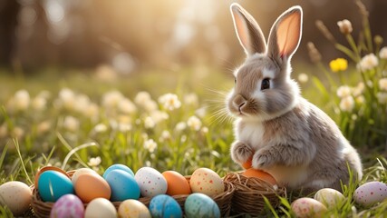 Easter bunny with colorful eggs basket