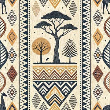 African Tribal Geometric Pattern Seamless Texture Savanna Landscape Ethnic Design Beige Background