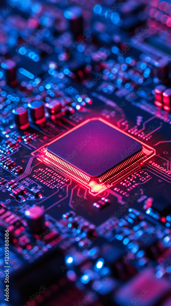 Poster Close-up of a CPU microchip glowing on a circuit board, representing advanced technology and computing power