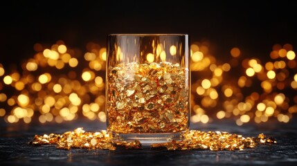 Sparkling Gold Crystals in Glass with Glimmering Background