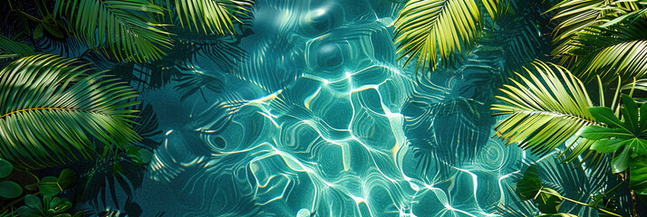 Tropical scene with clear aqua water ripples, shadowed palm fronds moving, creating fluid patterns