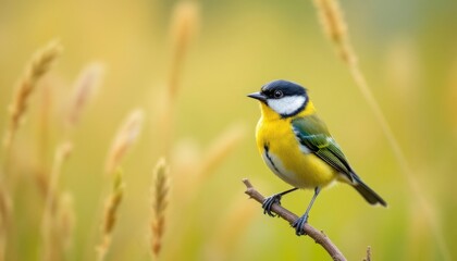 Obraz premium Beautiful vibrant bird with yellow, white and black feathers perched on a twig in a field