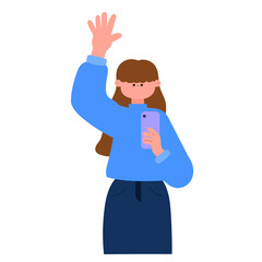 woman raising hand while holding smartphone flat vector illustration