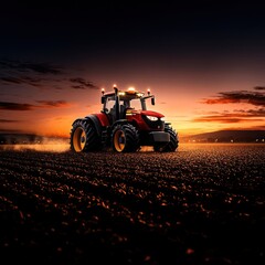 Fototapeta premium Tractor Driving Through Bountiful Crop Field Against Blue Sky
