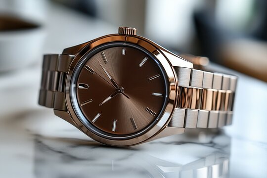 Elegant rose gold watch with stainless steel bracelet on marble surface.